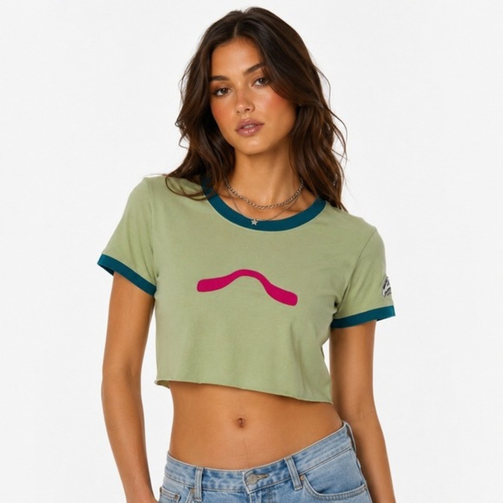 VEES Womens Sage Green Ringer Crop Top Skull Patch Graphic Tee Size L